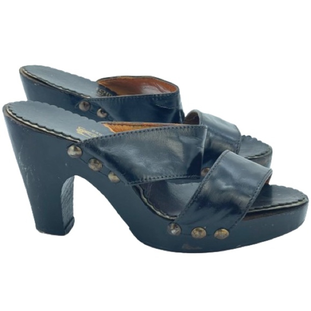 Vintage 40s Jay Thorpe Wood Heel Clog Shoes | Mule Black Leather Stack Heel